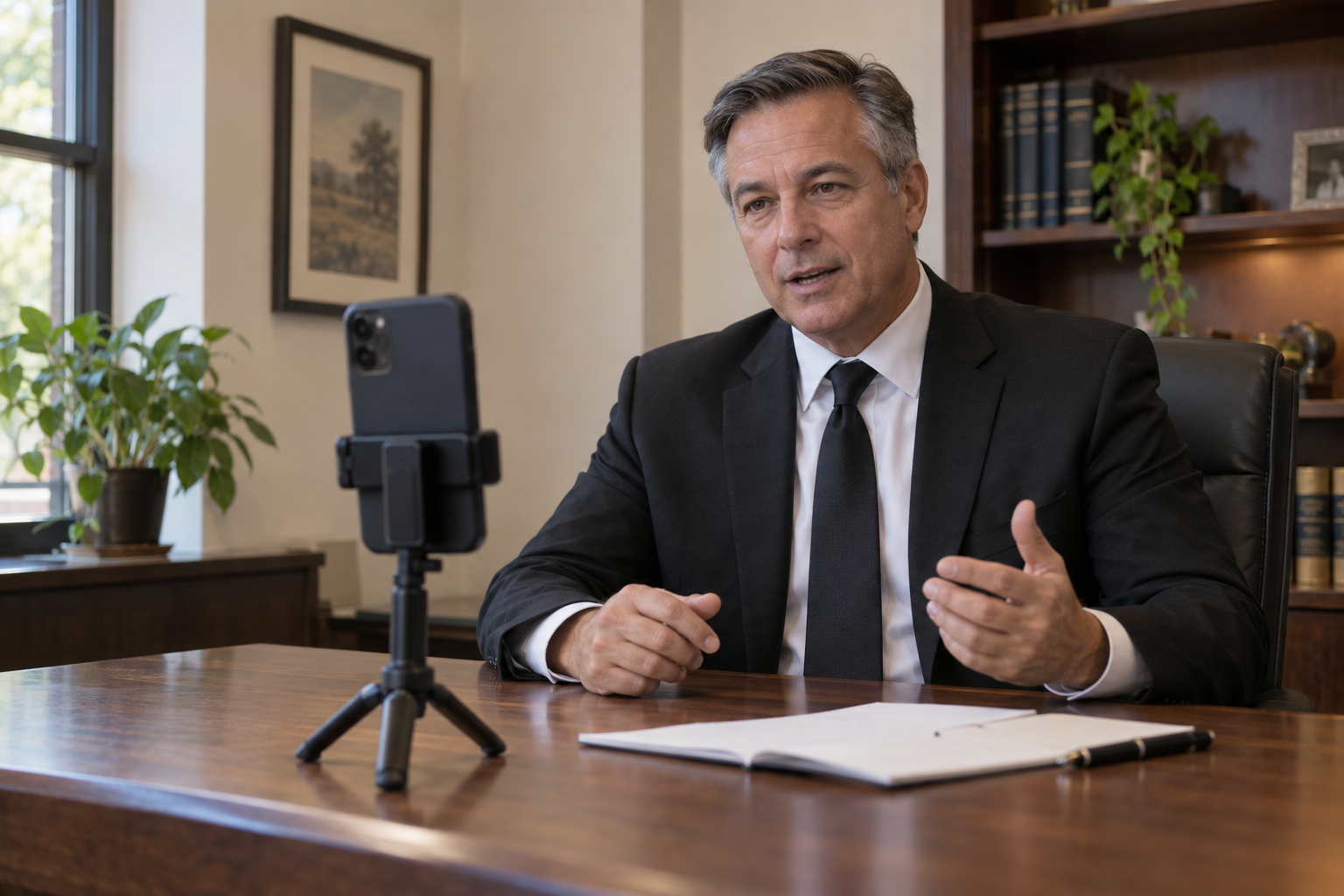 Illustration of a person at a desk in a daylit office, speaking to a phone held on a small desk tripod, with a notebook open beside them.